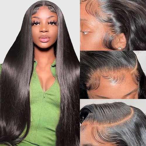 Tecoloy Cheap Straight Lace Front Wigs Human Hair Pre Plucked 13x4 HD Lace Frontal Wigs for Black Women, Human Hair Wig with Baby Hair Glueless, 180% Density, Natural Black 22 Inch
