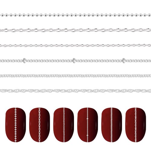 6 Strips Chain Nail Charms Nail Art Chains Silver Punk Nail Studs Charms 3D Nail Art Chain Supplies Metal Nail Art Caviar Beads Chain Accessories for DIY Nails Making Women Nail Art Decoration