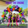 Truck Theme Balloon Garland Arch Kit vibrant Purple orangeGreen Black with Big Wheels checkered star mylar foil balloons For Kids fast one Boy Birthday Race Car construction theme Party Decorations