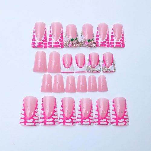 24 Pcs Duck Nails Press on Pink French Tips Press on Nails Duck Feet Style False Nails with Rhinestone ＆ Cherry Designs Glossy Duck Nail Tips Gel Acrylic Manicure False Nails Kit