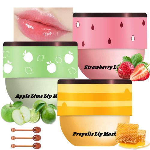 3 PCS Bee Lip Balm Honey Pot, Honey & Strawberry & Apple Lime Lip Mask Overnight Propolis Moisturizing Lip Balm Hydrating Prevention Dry and Crack Lip Scrubs Exfoliator Lip Wrinkle Care (Set A)