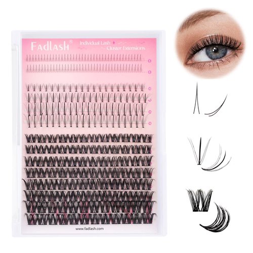 FADLASH Lash Clusters Natural Look Individual Lash Extensions Multi-type Mix with DIY Wispy Faux Mink Lash Tray,7D Spike, Bottom lash clusters Clusters for Self Application at Home