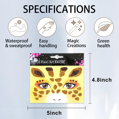 Bee Giraffe Face Gem Sticker Cute Halloween Temporary Tattoos Stickers Animal Face Tattoos Stickers Glittery Eye Face Body Sticker for Makeup Halloween Face Paint Accessories 2 Sheets (C-Bee Giraffe)