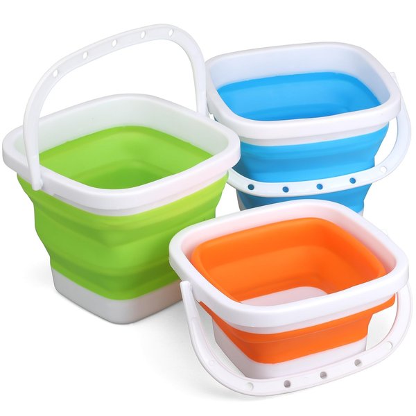 3PCS 3L Collapsible Bucket for Washing Camping Fishing, Sandbox Kit Building Toys for Kid, Foldable Bucket Sand Pail Scoop Trowel Rake Set for Garden Planting, Beach Summer Toys Fun 6 Pack