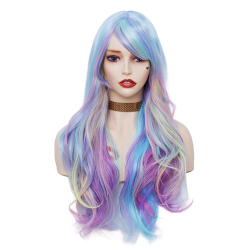 Rugelyss Rainbow Colorful Wigs for Women 26 Inches Long Wavy Fashion Synthetic Full Head Hair Wig with Bangs for Cosplay or Party