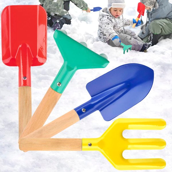 UMUACCAN 4 Piece Kids Beach Tools,Children Beach Sand Toys, Snow Toys, Made of Metal with Sturdy Wooden Handle,Safe Beach Gardening Set, Fork, Trowel, Rake & Shovel for Kids