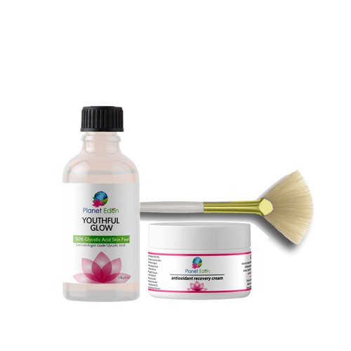 Planet Eden 50% Glycolic Acid Chemical Skin Peel Kit with Antioxidant Recovery Cream and Fan Brush - Diminish the look of Dark Spots, SUN DAMAGE, Wrinkles/fine lines, Age/Dark Spots