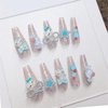 Nail Apparel Long Coffin Cute Kawaii Press on Nails 3D Cartoon Pink Glitter Rhinestone Heart Pearl Bow Long Ballet Trapezoid Fake Nails 24Pcs (Blue Kitty Candy)