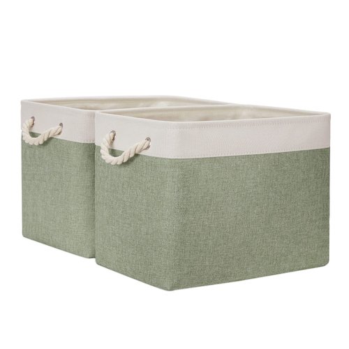 Temary Storage Baskets Fabric Storage Bins for Shelves, 2 Pack Decorative Storage Boxes Canvas Storage Basket with Handles for Organizing Clothes, Books(White&Green,16Lx12Wx12H Inches)