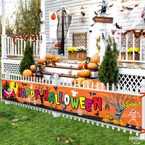 KatchOn, Happy Halloween Banner for Outdoor - 120x20 Inch | Colorful Happy Halloween Yard Banner for Happy Halloween Decorations | Halloween Yard Sign Banner | Happy Halloween Banners for Outside