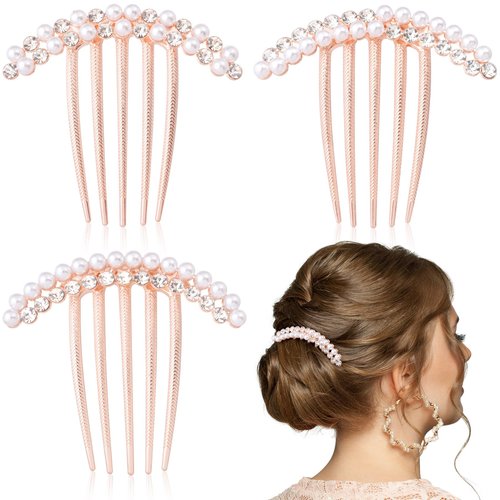 CustomyLife 3pcs Pearl Hair Side Comb for Wedding, Non-Slip Bun Updo Hair Comb Clip, 5 Teeth Sparkly Rhinestone Hair Accessories for Bride Bridesmaid