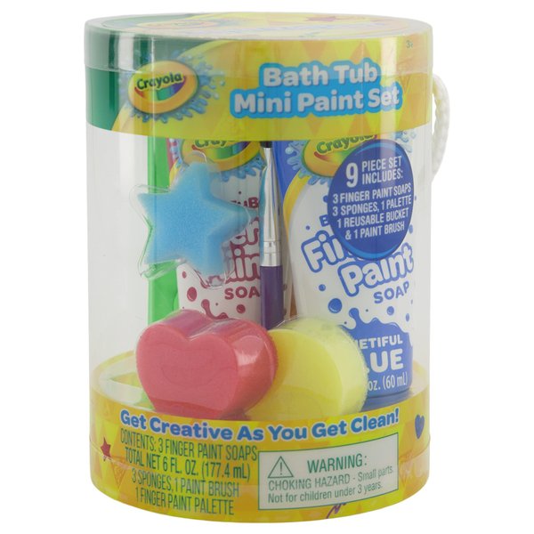 Crayola Bath Tub Mini Paint Set 9 Piece Art Kit - Brushes, Sponges, & Wash Away Finger Paints, Blue Yellow & Red Color Tub Fingerpaints