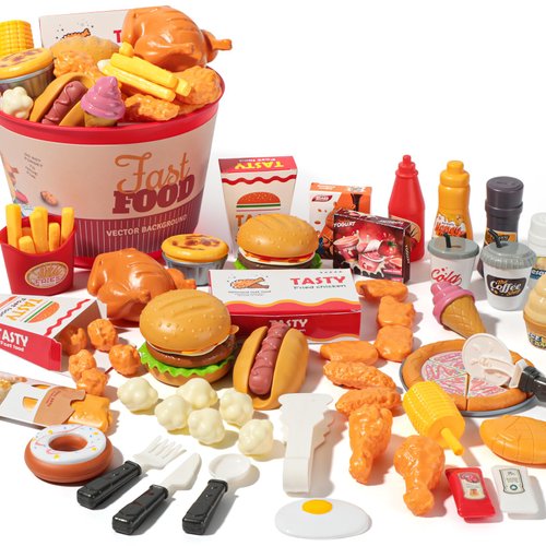 Hydeem 80 Pcs Pretend Play Food Toy for Kids Kitchen Aged 3 4 5, Fast Food Set with Storage Bucket, Pizza, Burger, Ice Cream, Hot Dog, Educational Birthday Toy Gift for Boys Girls