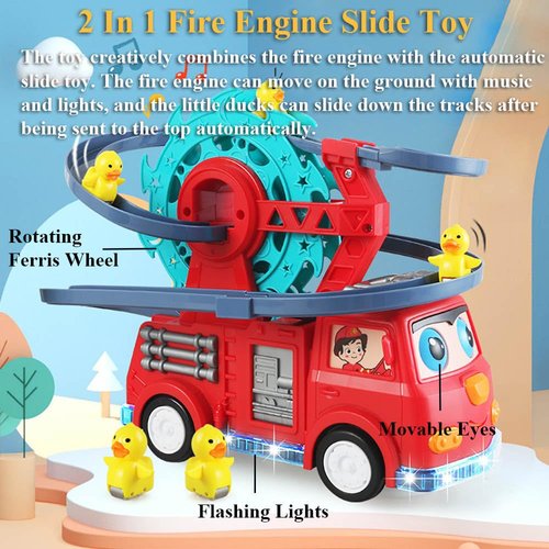 NEXTAKE 2 in 1 Fire Engine Slide Toy Set, Automatic Slide Down Duck Toy Race Track Toy Rotating Ferris Wheel Toy Duck Slide Toy Fire Truck Toy with Universal Wheel, Movable Eyes, Music & Lights