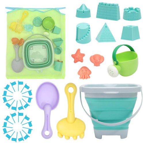 RACPNEL Beach Toys Sand Set for Kids, Collapsible Bucket and Shovels with Mesh Bag, Molds, Flags, Sandbox Kids Toddlers, Travel (Tavel Size)