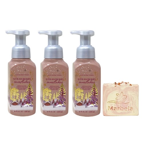 Bath & Body Works Strawberry Snowflakes 3 Pack Gentle Foaming Hand Soap Bundle with a Himalayan Salts Springs Bar Soap - Full Size