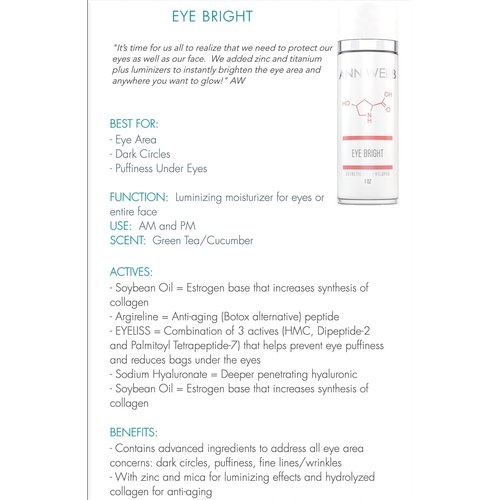 Ann Webb Eye Bright Cream - Anti Aging Eye Cream w/Collagen Peptides & Hyaluronic Acid for Dark Circles, Firms Fine Lines 1oz