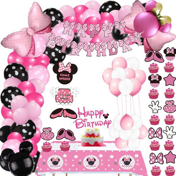 Minnie Party Decoration, Minnie Birthday Party Supplies With Balloon Garland Arch, Pink Mouse Birthday Decoration Party Supplies for Girl Birthday Party