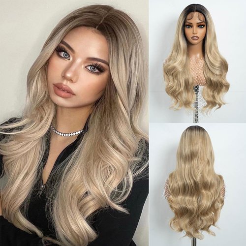 REBECCA STYLE Long Blonde Wavy Wigs for Women 26 Inch Middle Part Curly Wavy Wig Natural Looking ...