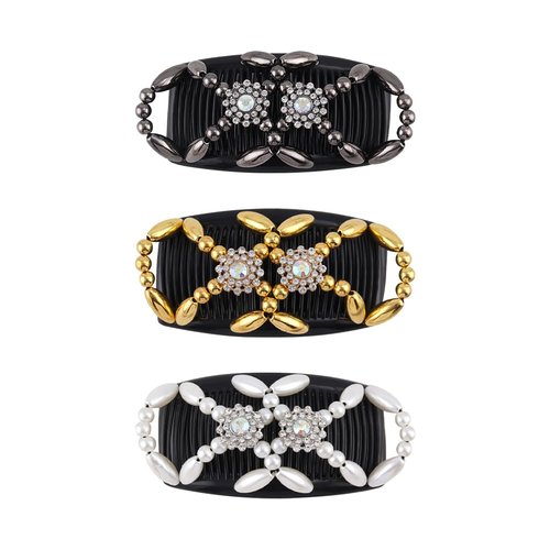 3 Pcs Crystal Beaded Hair Combs Elastic Double Comb Hair Clips Stretchy Bead Hair Side Combs Magic Hair Comb Slides Fashion Hair Styling Comb Accessories Black White Golden