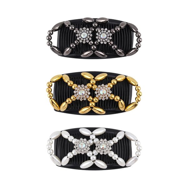3 Pcs Crystal Beaded Hair Combs Elastic Double Comb Hair Clips Stretchy Bead Hair Side Combs Magic Hair Comb Slides Fashion Hair Styling Comb Accessories Black White Golden