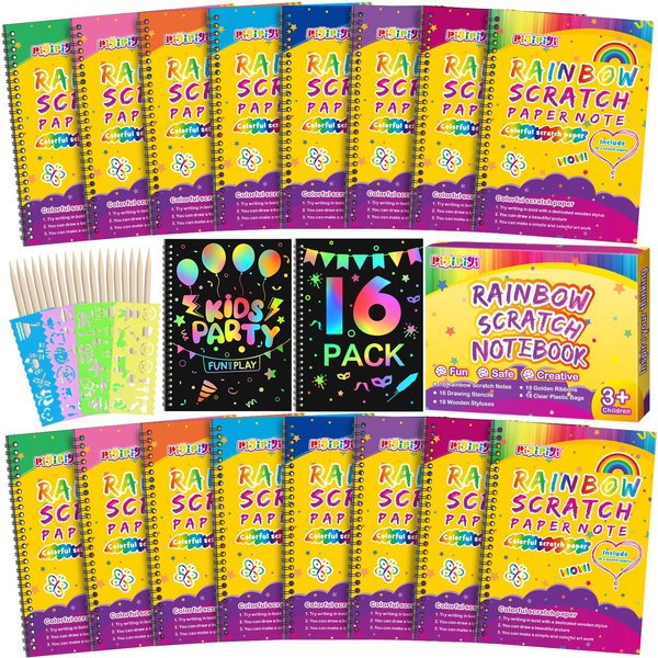 pigipigi Scratch Paper Art 16 Pack - Rainbow Scratch Note Book Magic Coloring Art Craft Paper Supply for Kids Ages 3 4 5 6 7 8 9 10 Drawing Art Book Birthday Party Favor Sets Fun Toy Gift Idea