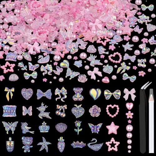 150 PCS 3D Nail Charms Butterfly Bow Star Heart Bear Shiny Jewels with 3D Flowers and Flat Pearls...