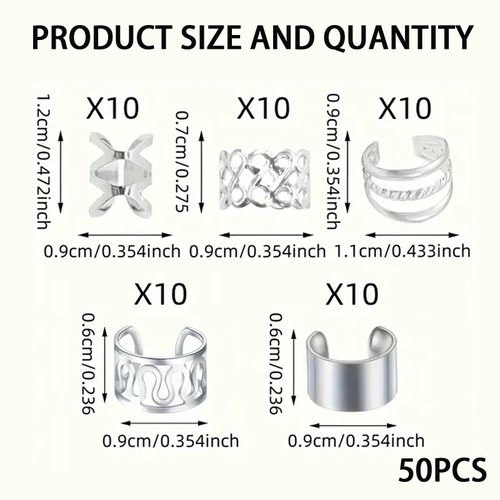 50Pcs Hair Jewelry for Women Girls Man Braids Accessories Metal Beads Cuffs Clips Silver Dreadlock Decorations Adult Exquisite Styling Tools（silvery）