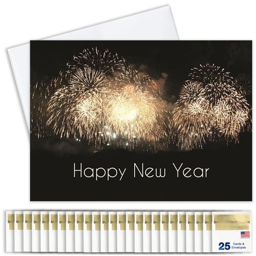 New Years Cards for Business & Family (Fireworks Burst) Bulk Greeting Card Set Pack of 25 Happy New Year Cards with Envelopes for 2025 (5x7 inch - A7) Great for Office, Work, Employees & Clients N1505