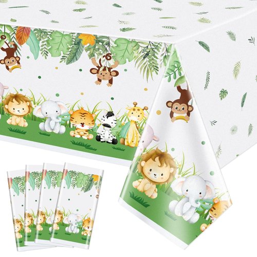 PIXHOTUL 4 Pcs Jungle Safari Tablecloths, Safari Baby Shower Table Cloths Decorations, Animal Print Table Cover, Wild One Birthday Party Decorations for Boys Kids,106''x 51''