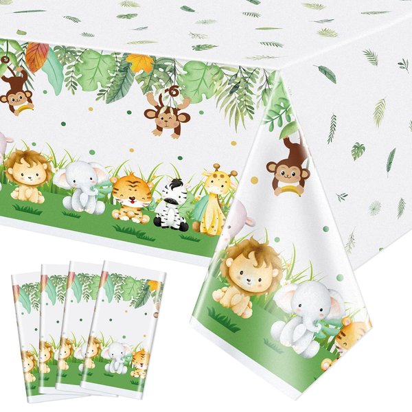 PIXHOTUL 4 Pcs Jungle Safari Tablecloths, Safari Baby Shower Table Cloths Decorations, Animal Print Table Cover, Wild One Birthday Party Decorations for Boys Kids,106''x 51''