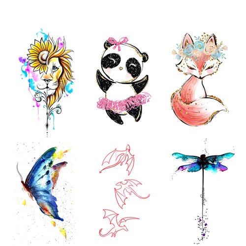 INKARTLINK 6 Design/set temporary tattoo, colorful tattoo stickers, immediate color development, lasting 1-3 days,Waterproof, cute, cartoon, female fake tattoo stickers ((Lions and pandas)