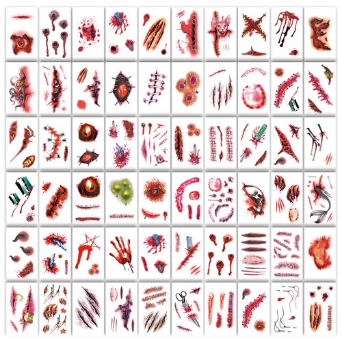 60 SHEET Halloween Scar Tattoos, 60 Sheet Halloween Zombie Scars Tattoo Stickers Fake Scab Blood Special Fx Costume Makeup Props, Halloween Make Up Party Scar Tattoo Masquerade Prank Prop Decorations
