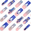 RUOKEXIN French Press on Nails Long Square Fake Nails Blue Acrylic False Nails with 5D Blue Rhinestones Charms Designs Gold Heart Charms Glitter Artificial Nails Luxury Stick on Nails for Women 24Pcs