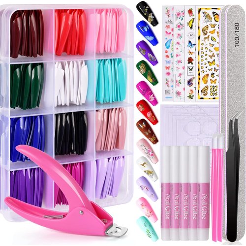 TsMADDTs Press on Nails Long Coffin Fake Nails Set with 12 Packs Acrylic Ballerina False Nails with Glue,Files,Stickers for Nail Art DIY,12 Colors Glue On Nails