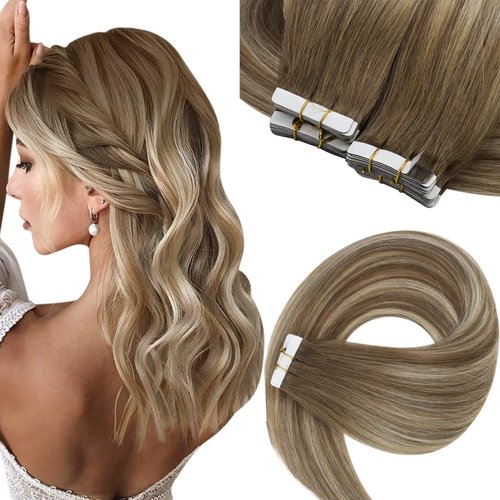 Hair Tape in Extensions Human Hair Ombre Blonde Sunny Tape in Real Human Hair Extensions Medium Brown Ombre Platinum Blonde Balayage Tape in Remy Hair Extensions Ombre Blonde 20pcs 50g 14inch