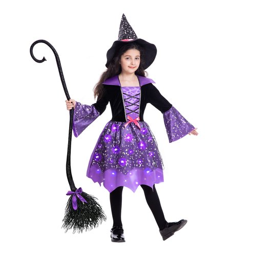 Poshetion Light Up Witch Costume for Girls, Toddler Witch Halloween Costumes with Witch Broom and Hat, Kids Witch Dress Outfit Glow in the Dark for Halloween Dress-Up Cosplay Party (5-7 S)