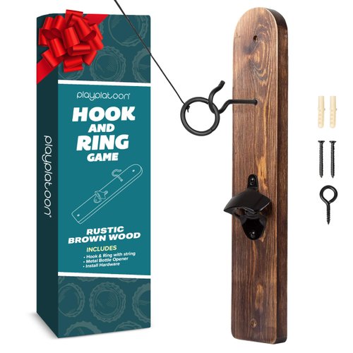 Play Platoon Hook and Ring Game with Bottle Opener and Magnetic Cap Catch - Ring Toss Game for Adults, Rustic Wood