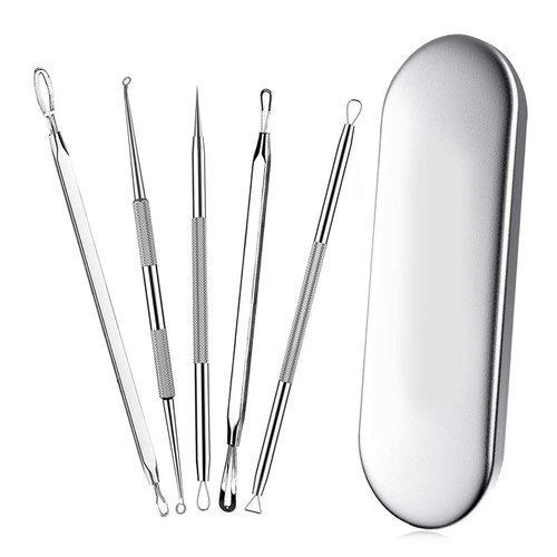 Blackhead Remover,Acne Treatment,Pimple Popper,Face Skin Care Kit,Professional Comedone Blemish, Zit, Whitehead Scar Extractor, 5 Piece Surgical Grade Stainless Steel Tools & Travel Case (Silver)