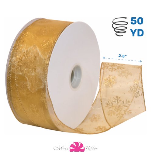 Morex Ribbon 7405.60/50-634 Snowflake 2.5" X 50 YD Nylon Sheer Wired Glitter Ribbon, Gold, Ribbon Art Supplies for Christmas Decorations, Indoor Christmas Ribbon for Gift Wrapping Art Set