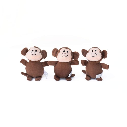 ZippyPaws Miniz Plush Dog Toy Trio with Squeaker, Small Stuffed Chew Toys, 3-Pack, Monkeys