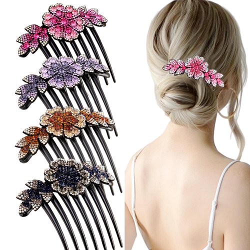 4pcs Pearl Rhinestone Hair Comb for Women, Hair Styling and Accessory Tool, Decorative Comb for French Twist, Prom Bun (Rhinestone Flower)