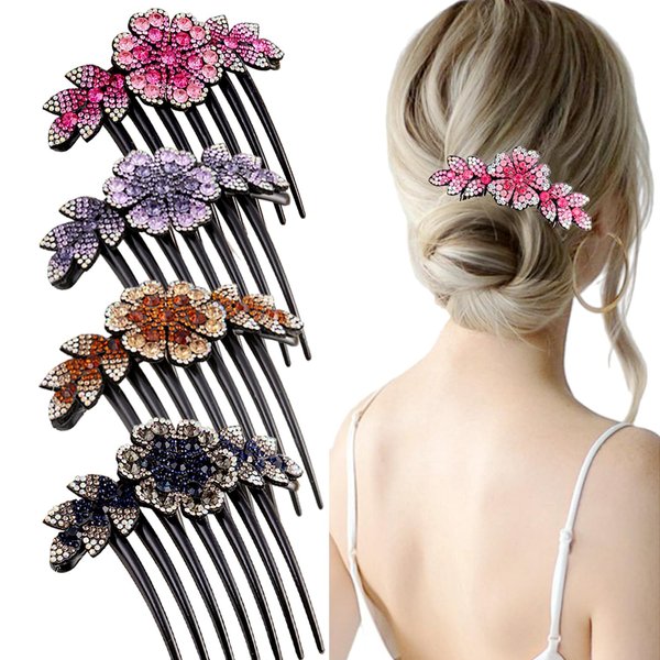 4pcs Pearl Rhinestone Hair Comb for Women, Hair Styling and Accessory Tool, Decorative Comb for French Twist, Prom Bun (Rhinestone Flower)
