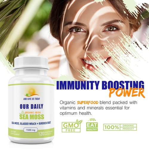 Our Daily Vites Organic Sea Moss 1500 MG 120 Ct Wildcrafted Irish Sea Moss Bladderwrack and Burdock Root Capsules Wildcrafted Vegan and Seamoss Superfood Supplement