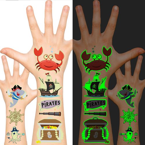 EMOME Luminous Kids Temporary Tattoos, Pre-cut Fake Tattoos Stickers for Kids Birthday Party Favors Goodie Bag Fillers, Glow Party Accessories Toys Bulk (Pirate)