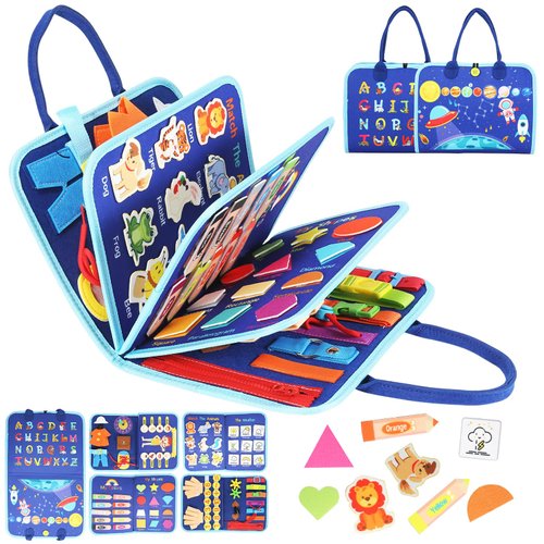rosgel Busy Board Montessori Toys for 3+ Year Old,9 in 1 Busy Board for Toddlers, Sensory Board Activities Learning Travel Toys for Plane Car, Birthday Gifts for Kids Boys Girls (Blue Planet)