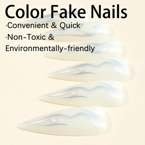 24 Pcs Stiletto Press on Nails Halloween Fake Nails White Long Nails Silver Flame Designs False Nails Glossy Full Cover Stick on Nails for Women and Girls Halloween Nails