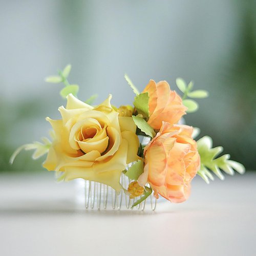 Fangsen Wedding Boho Orange Yellow Rose Flowers Floral Comb With Hair Clip for Flower Girls Brides and Bridesmaids Silver