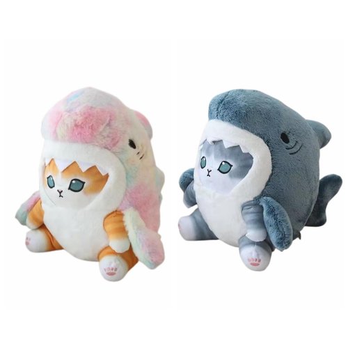 DSWUJHI 8'' Cute Shark Cat Plush Toy Fried Shrimp Cat Stuffed Animal Plushies Doll,Soft Stuffed Shark Kitten Pillow Christmas Birthday Gifts for Kids Boys Girls (Grey Blue+Dazzling Gold)