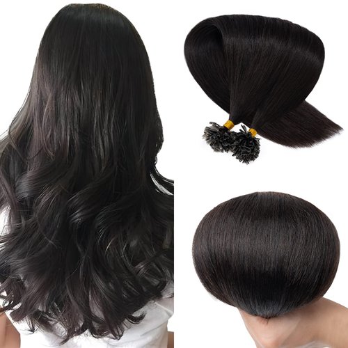 SEGO U Tip Hair Extensions Human Hair Pre Bonded Keratin Fushion Nail Tip Human Hair Extensions 100% Real Remy Hair Silky Straight 100 Strands/Pack 50g 16 Inch #1B Natural Black